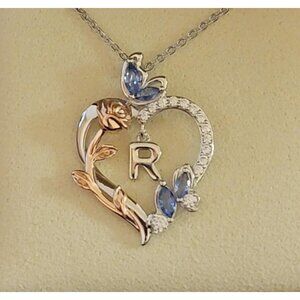 Sterling Silver Initial R Rose Heart Necklace 18+2in NWT